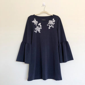 Blue Bell Sleeve Dress with Embroidered Flowers